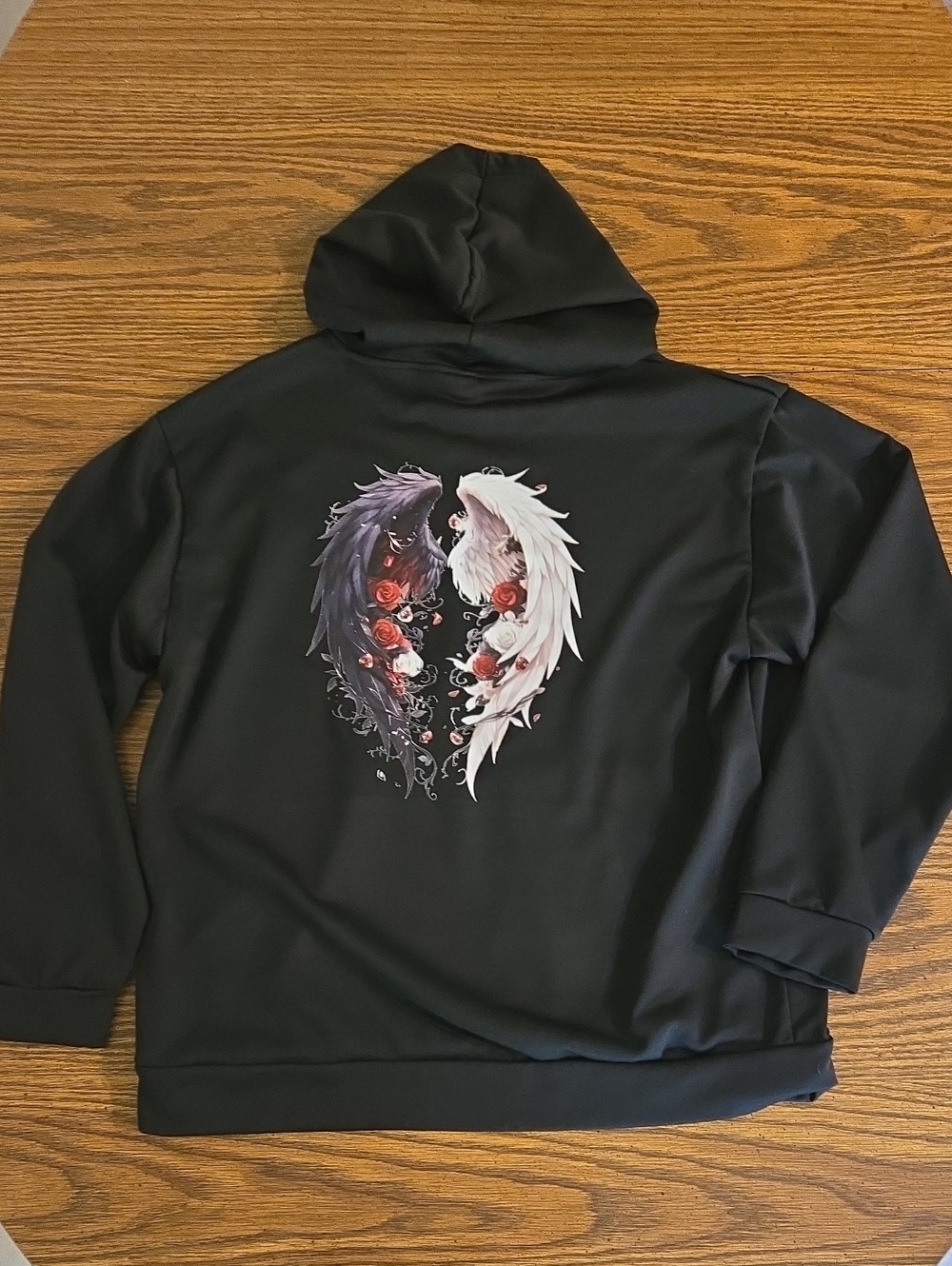Black Women's Hoodie with Yin Yang Angel Wings Graphic